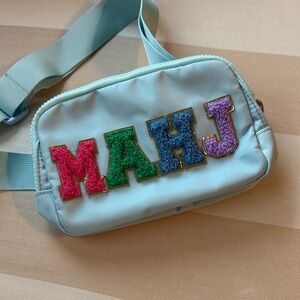 Kids Light Blue Crossbody Mahjong Bag with Colorful Letter Patches
